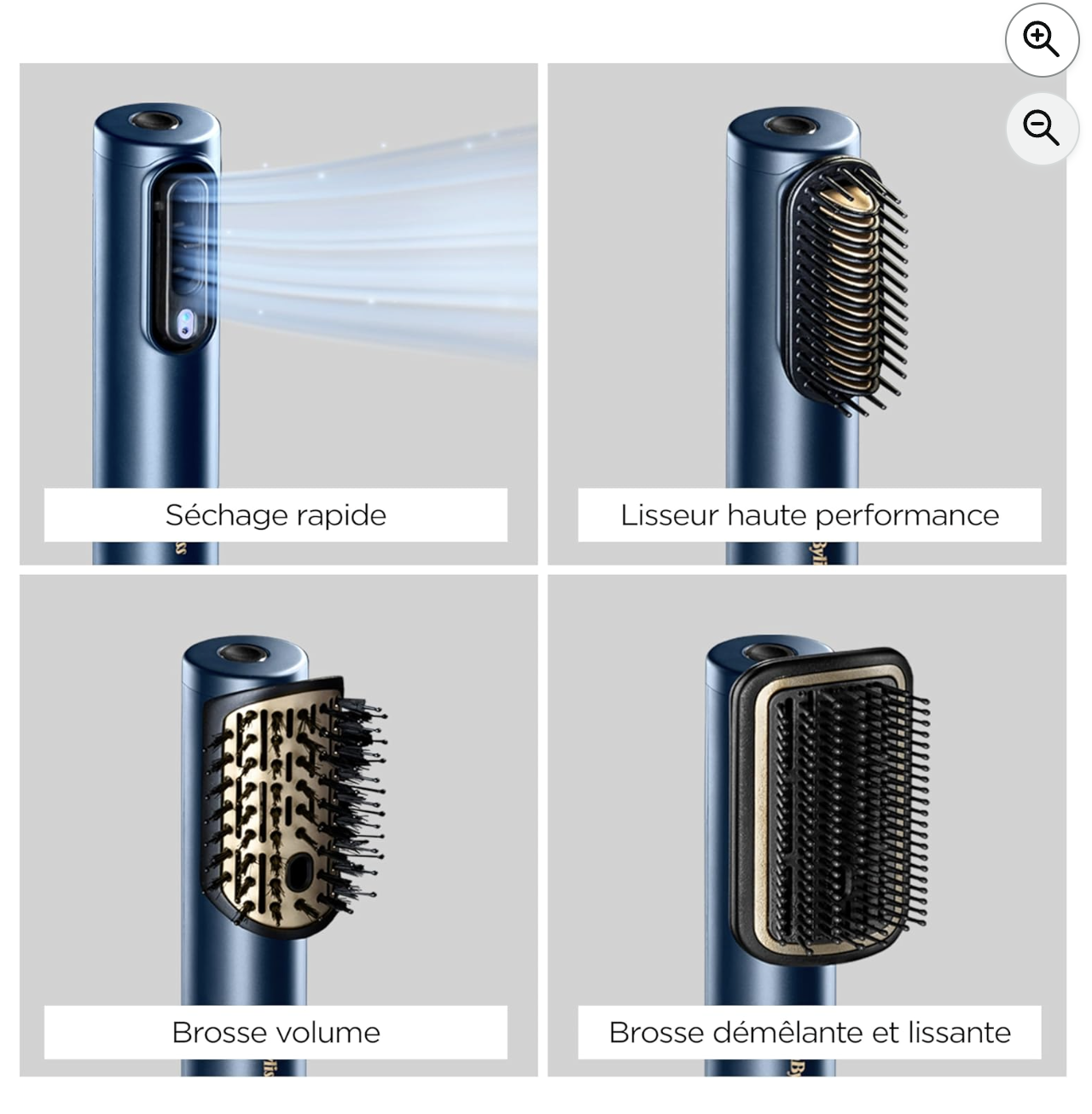 Les 4 fonctions du BaByliss Air Wand : séchage rapide, lisseur, brosse volume et brosse démêlante