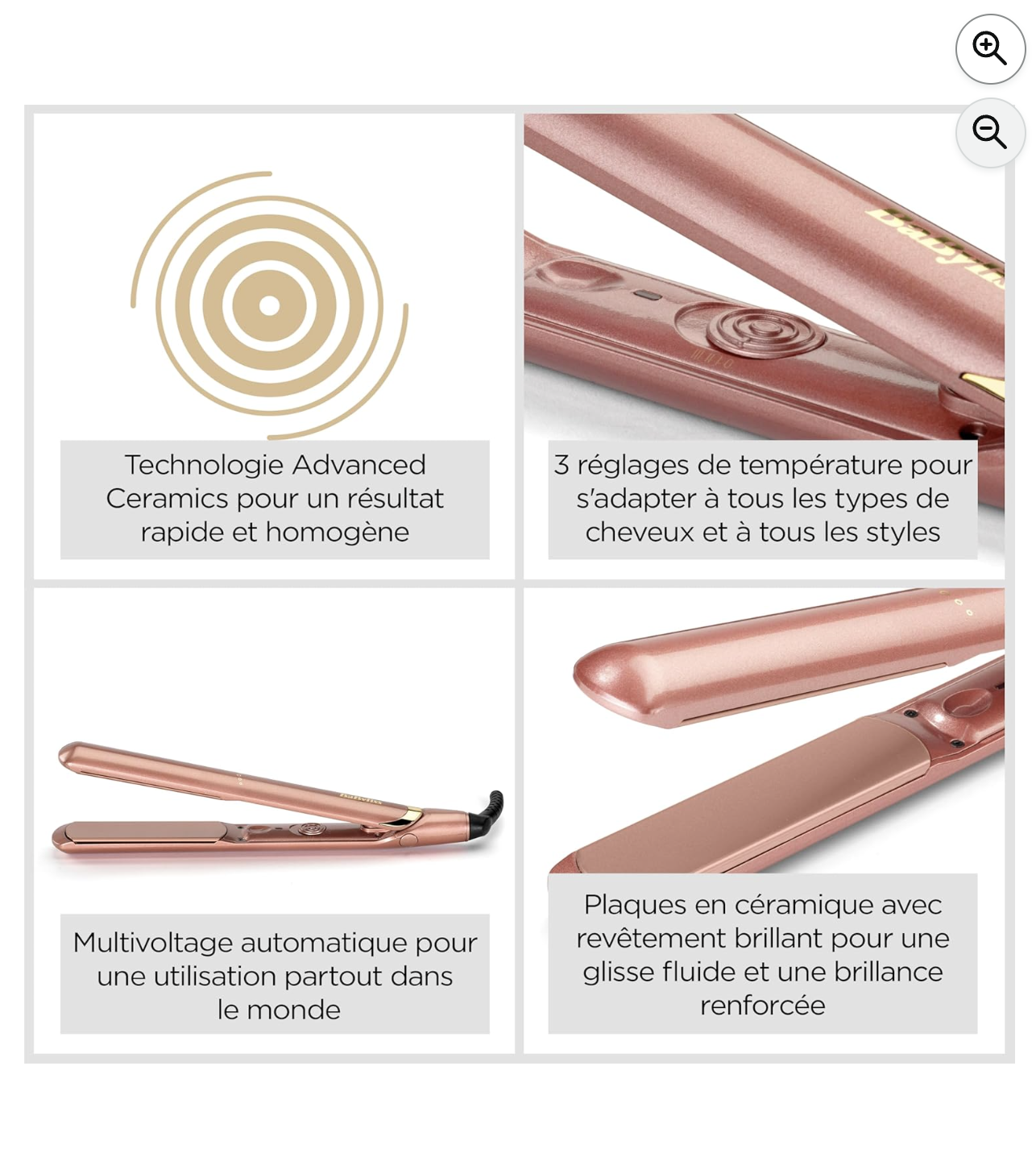 Les fonctionnalités du lisseur BaByliss Rose Gold : Advanced Ceramics, 3 températures, multi-voltage, plaques céramique brillantes