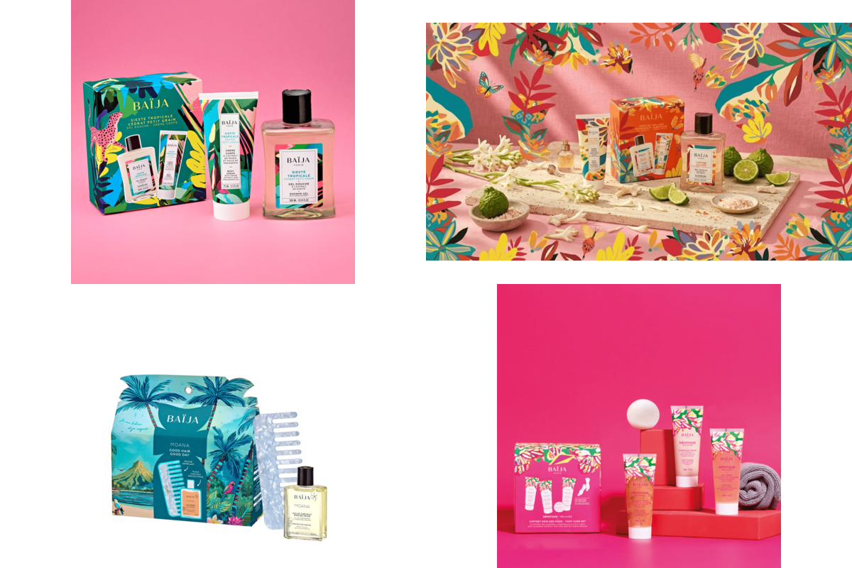 Quatre coffrets Baïja : Sieste Tropicale cédrat petit grain, Vertige Solaire bergamote tubéreuse, Moana soin cheveux et Jolly Feet soin des pieds