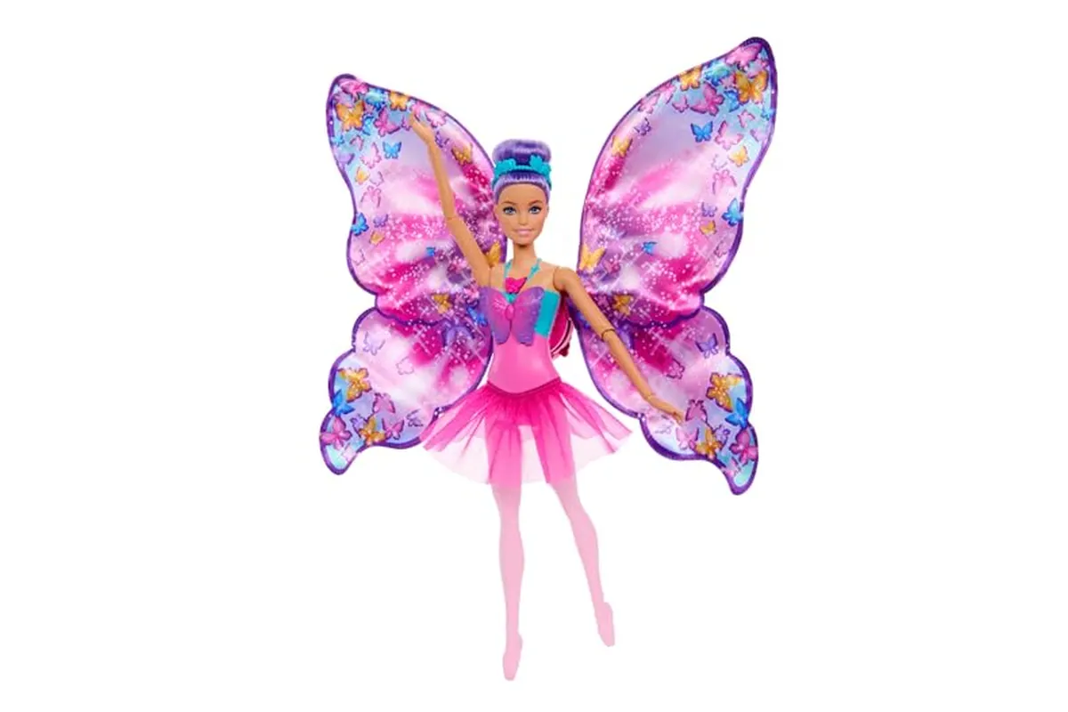 Poupée Barbie De Danseuse à Papillon HXJ10 aux cheveux violets avec ses ailes déployées et son tutu amovible