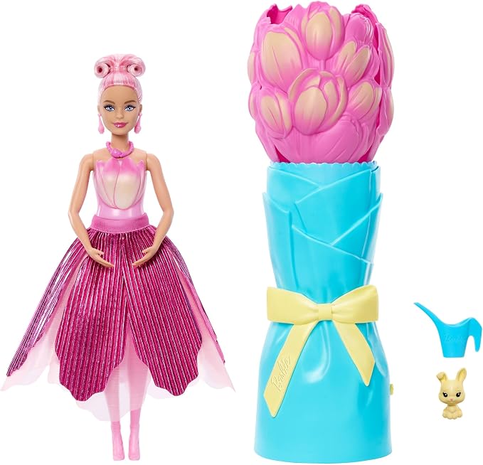 Barbie aux cheveux roses en robe tulipe avec bouquet turquoise, arrosoir et petit lapin jaune