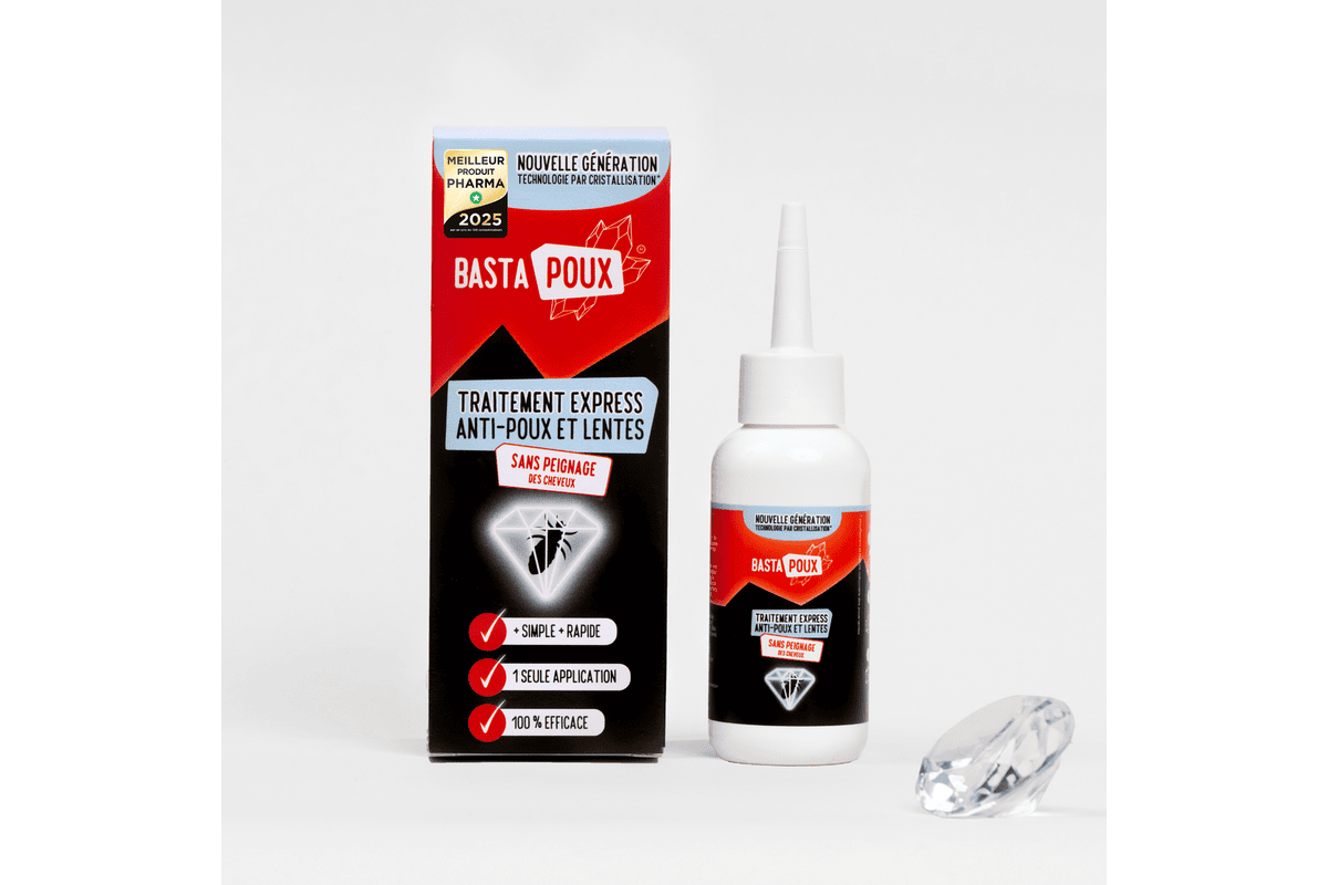 BastaPoux Expert lotion traitante anti-poux et lentes 2-en-1 flacon blanc et rouge PediAct technologie MycoActiv brevetée