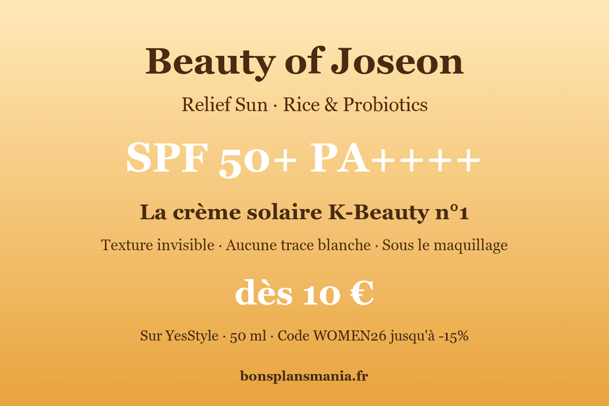 Beauty of Joseon Relief Sun Rice & Probiotics SPF 50+ PA++++ — la crème solaire K-Beauty n°1 des ventes : texture invisible, aucune trace blanche, parfaite sous le maquillage, dès 10€ sur YesStyle