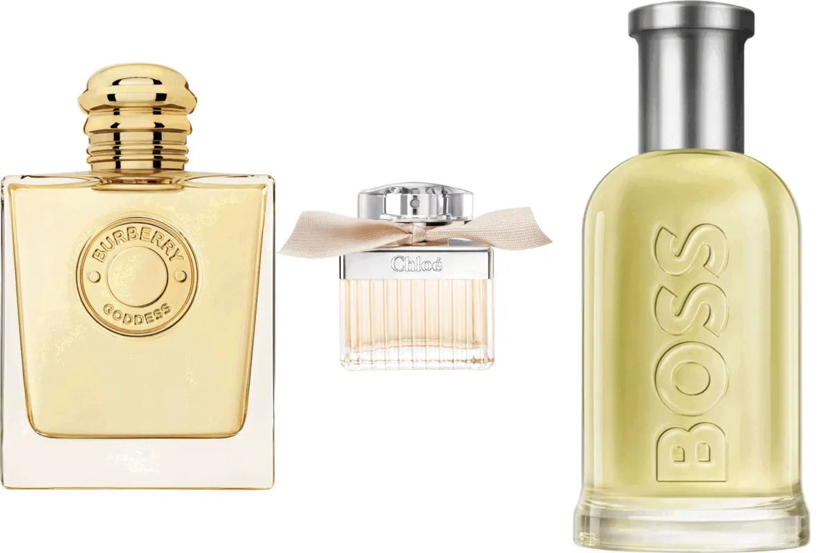 Trois parfums de la sélection Beauty Success : Burberry Goddess, Chloé eau de parfum et Hugo Boss Bottled