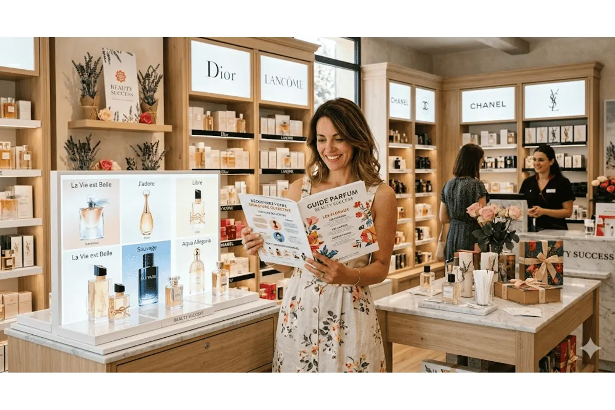 Femme parfumerie Beauty Success lit guide parfum présentoir Dior Chanel YSL Lancôme flacons roses