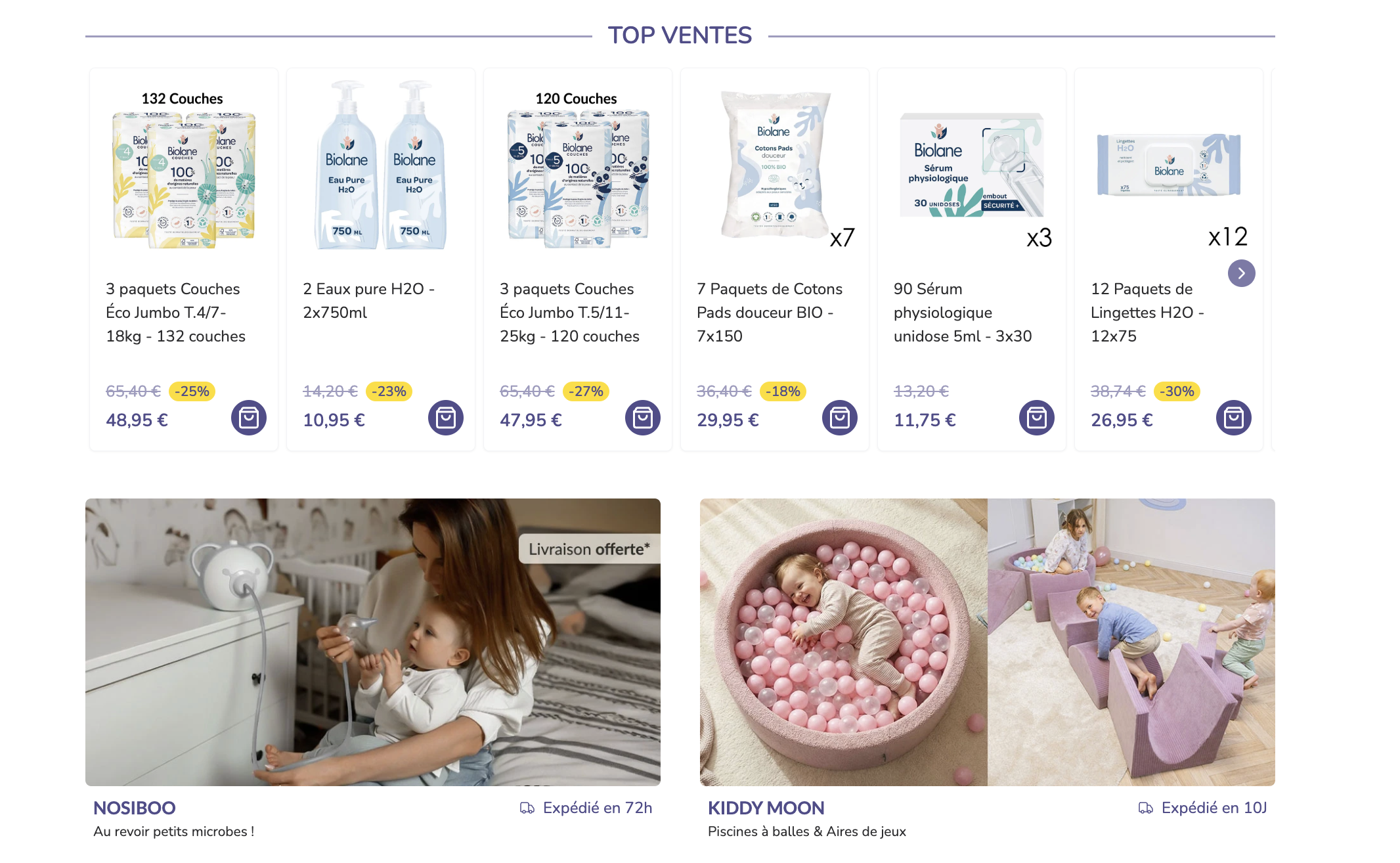 Top ventes Bebeboutik couches Biolane Tidoo cotons sérum physiologique