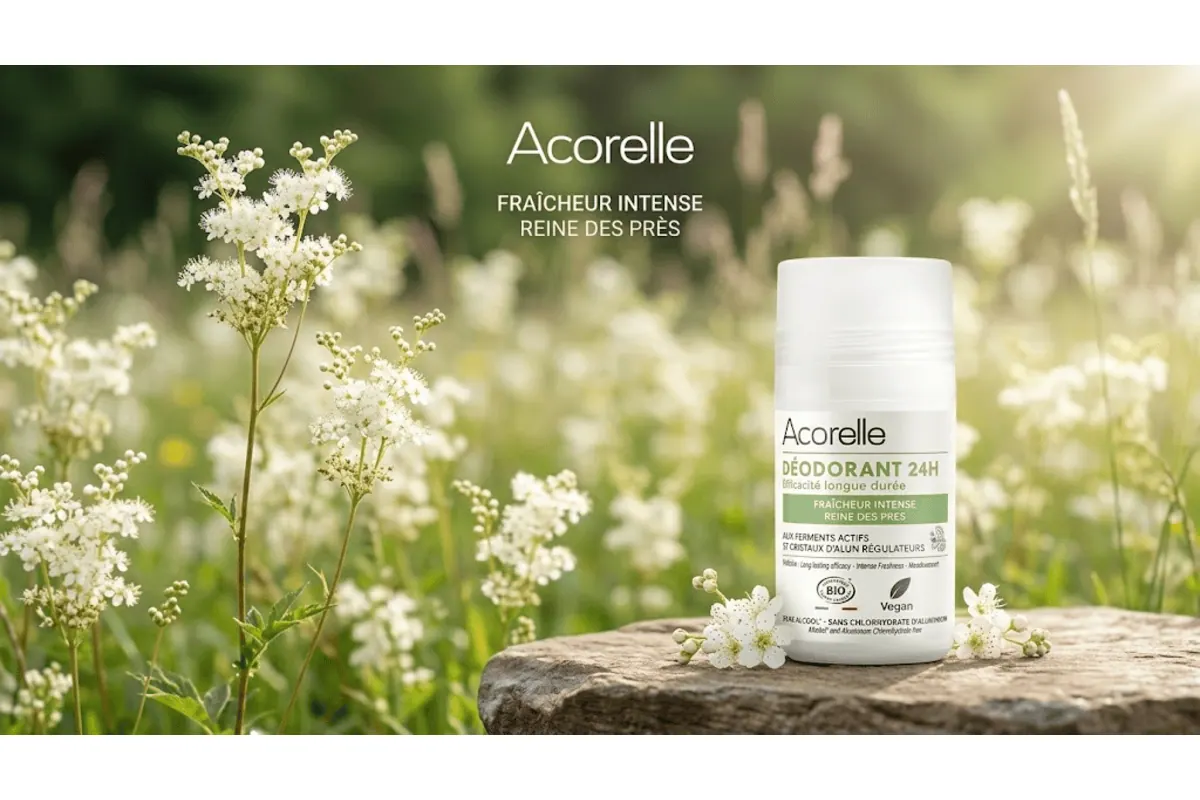 Acorelle déodorant roll-on 24h fraîcheur intense reine des prés bio 50 ml Cosmos Organic vegan sans alcool sans chlorhydrate d'aluminium ferments actifs cristaux d'alun packaging blanc et vert champ fleurs blanches