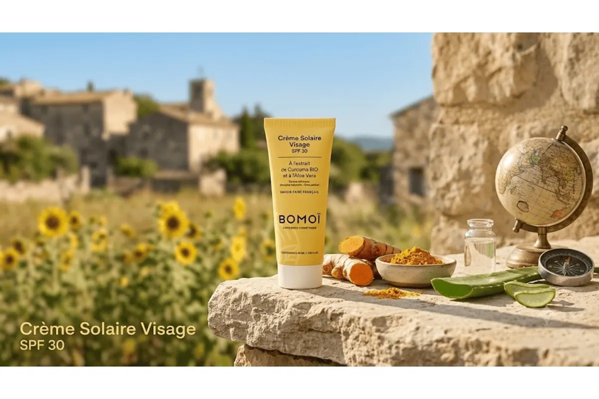 Bomoï crème solaire visage SPF 30 bio 40 ml à l'extrait de curcuma bio et aloe vera protection UVA UVB filtres minéraux sans parfum savoir-faire français packaging jaune paysage Provence