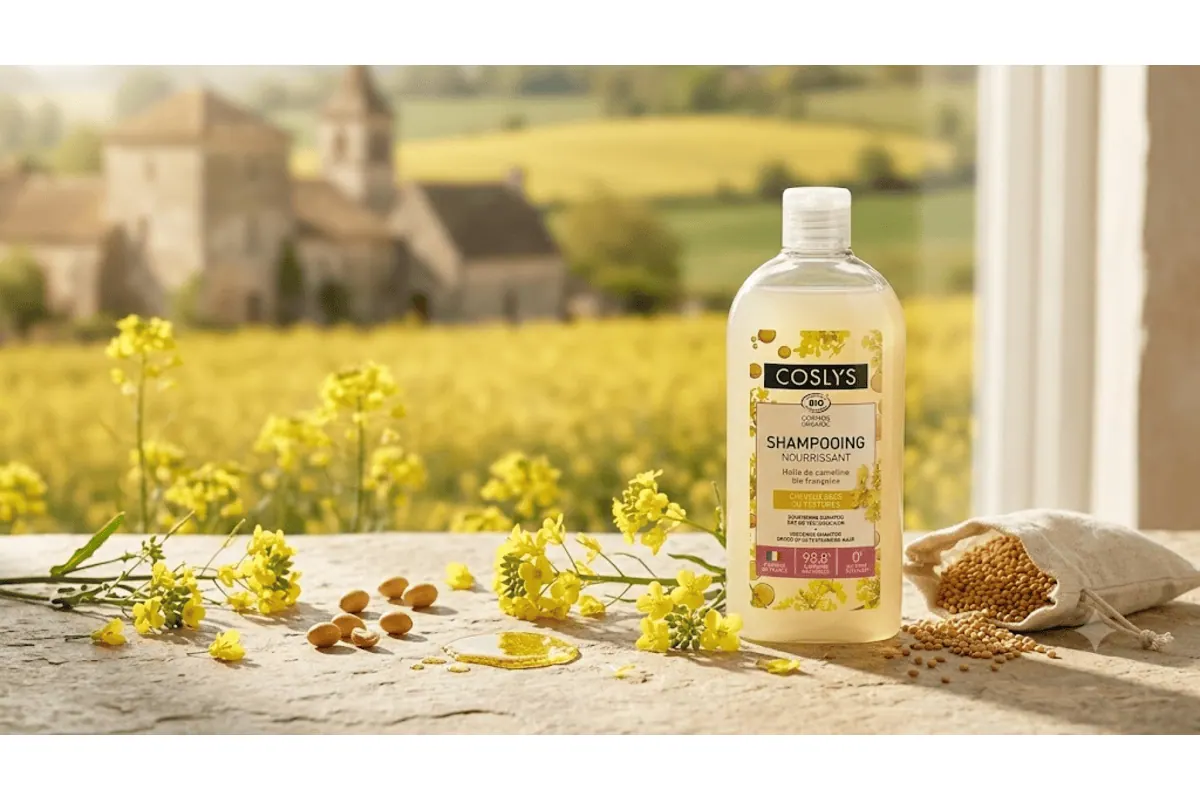 Coslys shampooing nourrissant bio 75 ml huile de cameline bio française sans silicone sans sulfates cheveux secs texturés Cosmos Organic packaging jaune champ colza