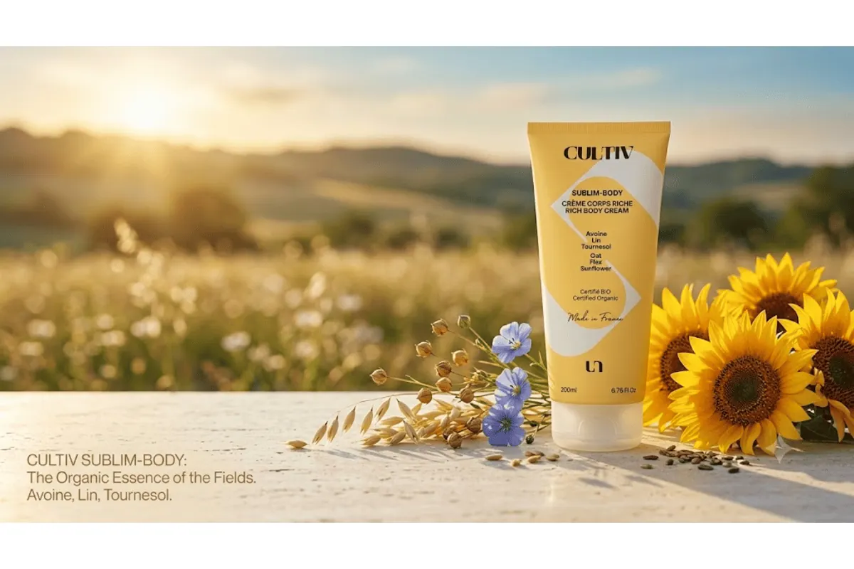Cultiv Sublim-Body crème corps riche 200 ml à 99% d'ingrédients naturels avoine lin tournesol beurre de karité aloe vera certifié bio made in France packaging jaune champ blé coucher soleil