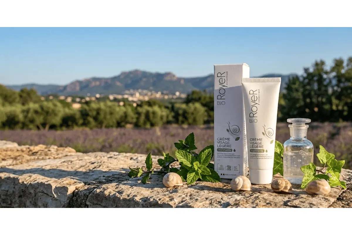 Royer Cosmétique crème visage légère matifiante bave d'escargot bio 25 ml made in France packaging blanc et vert avec champ de lavande en arrière-plan