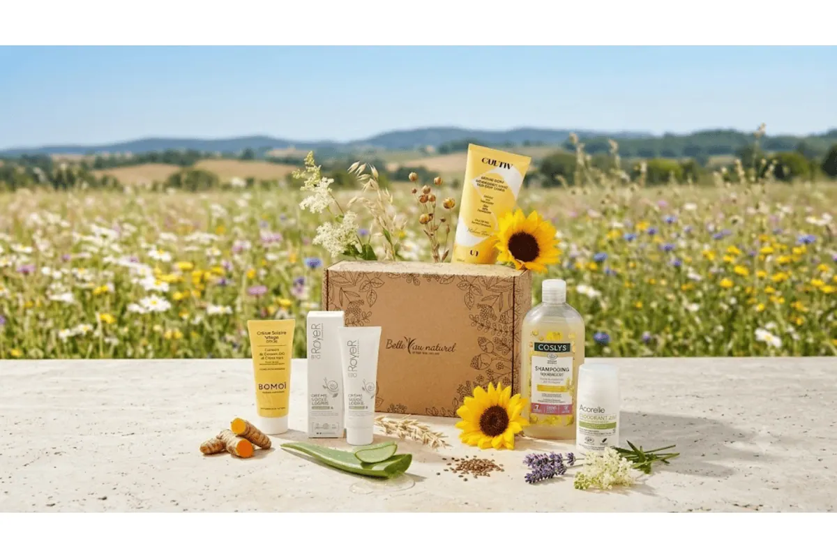 Box beauté bio Belle au Naturel juillet 2026 avec Royer Cosmétique crème visage bave escargot, Bomoï crème solaire visage SPF 30, Cultiv crème corps nourrissante, Coslys shampooing huile cameline, Acorelle déodorant 24h fraîcheur intense reine des prés, présentés dans un champ de fleurs été