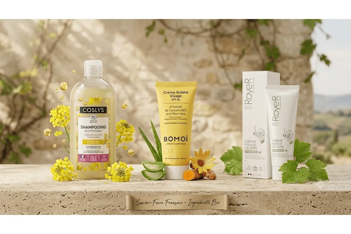 Belle au Naturel Box Été : Coslys shampooing nourrissant, Bomoï crème solaire visage SPF 30, RoyeR Bio crème visage légère sur muret pierre face à un paysage méditerranéen