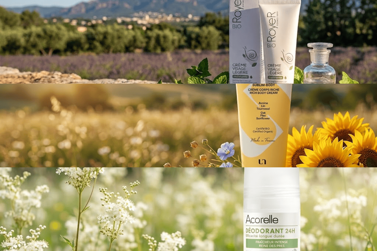Trois cosmétiques bio du club testeuses Belle au Naturel : crème visage Royer à la bave d'escargot, crème corps Cultiv et déodorant Acorelle