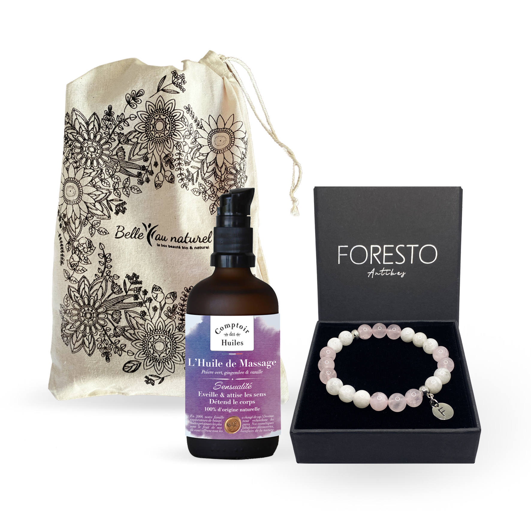 Coffret Belle au Naturel avec huile de massage et bracelet Foresto