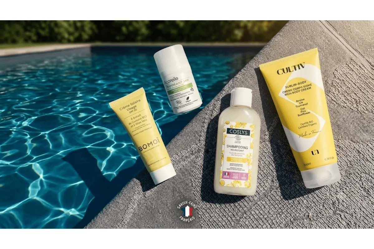 Belle au Naturel 4 soins Rituel Détente posés au bord d'une piscine Bomoï crème solaire visage SPF30 Acorelle déodorant 24h Coslys shampooing Cultiv Sublim-Body crème corps serviette grise label savoir-faire français