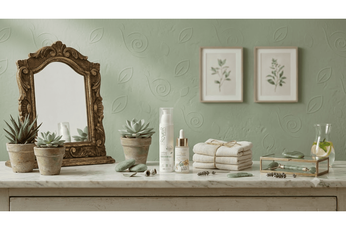 Belle au Naturel Duo Skin Minimalism ambiance salle de bain vintage mur vert sauge miroir doré ancien plantes succulentes pots terracotta crème Royer Bio sérum Lady Green Élixir serviettes pliées coton lavande rouleau jade ambiance cocon naturel
