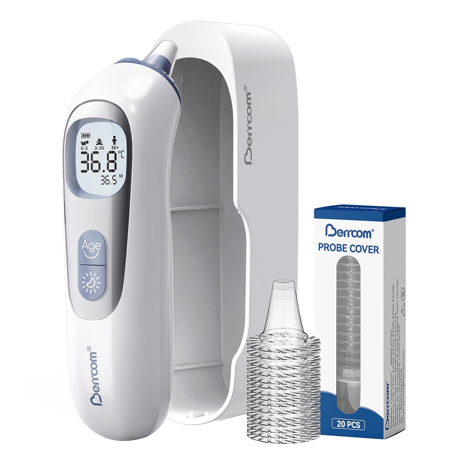 Thermomètre auriculaire Berrcom avec étui et embouts de protection