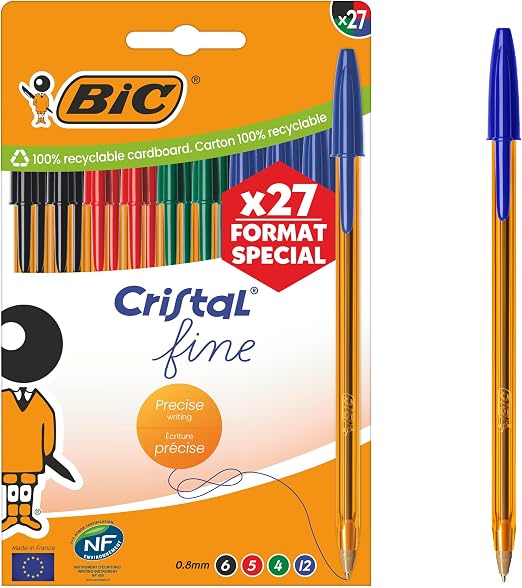 Boîte de 27 stylos BIC Cristal Original Fine assortis