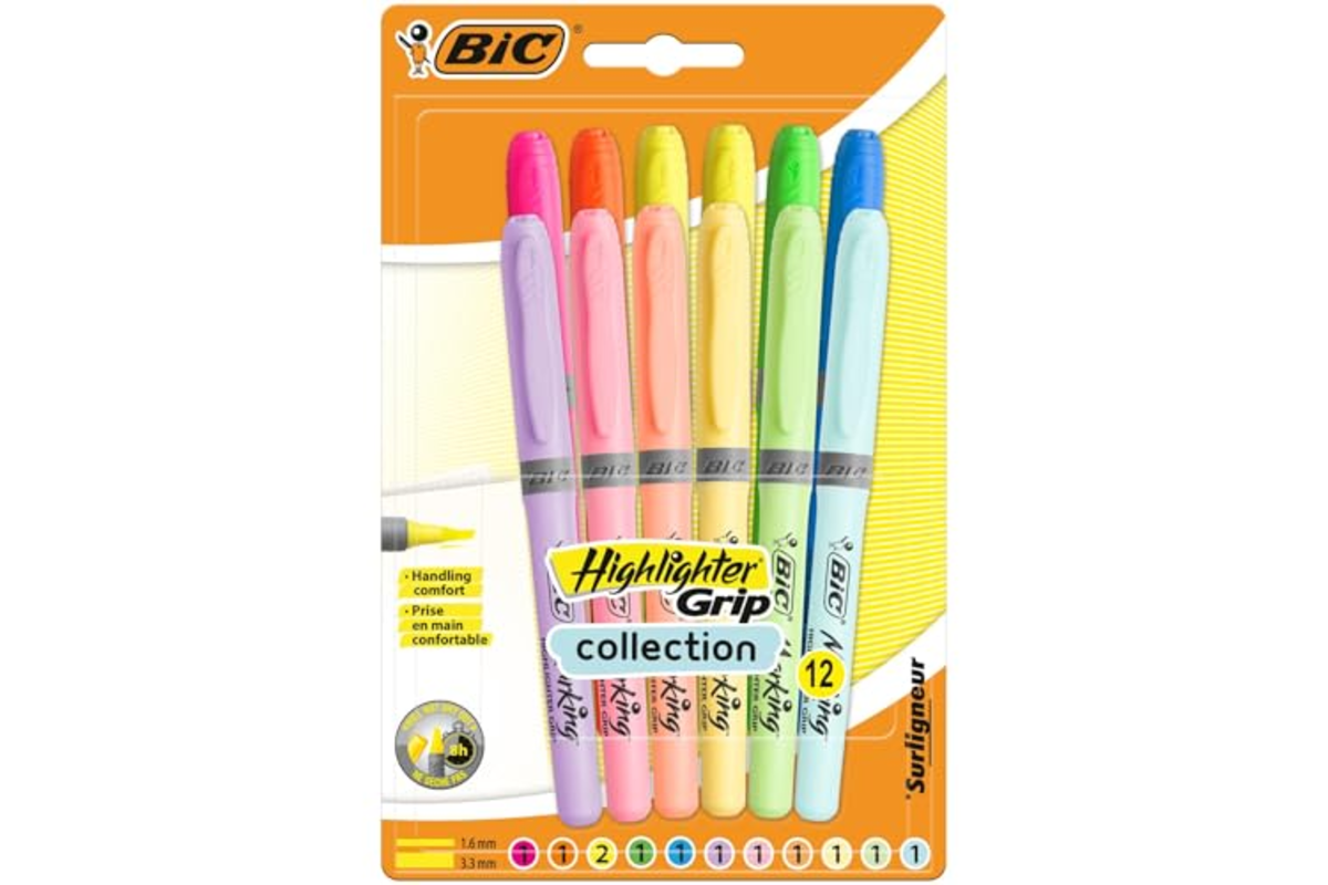 Blister de 12 surligneurs BIC Highlighter Grip collection fluo et pastel