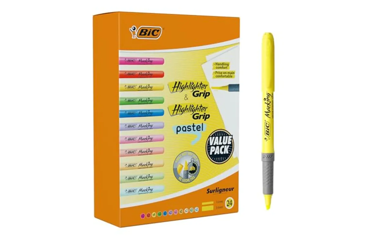 Boîte value pack de 24 surligneurs BIC Highlighter Grip fluo et pastel
