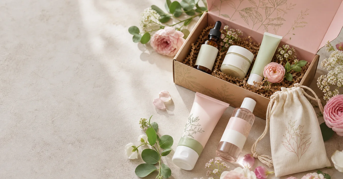 Box beauté bio fleurie avec sérum, crème visage, soin contour des yeux et lotion corps