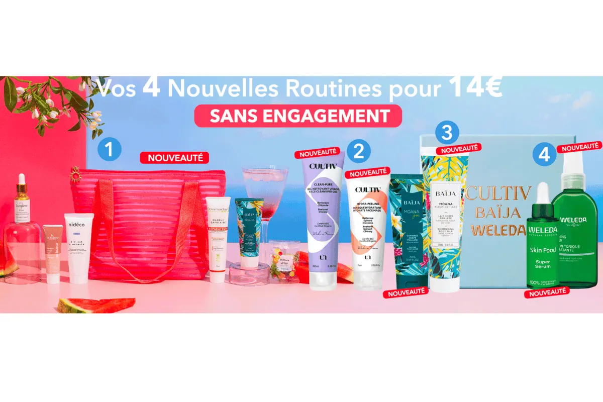 Biotyfull Box 4 nouvelles routines à 14 € méga sac estival Cultiv Baïja Weleda Dermaclay Nidéco 7Lumière Le Boudoir d'Hortense sans engagement