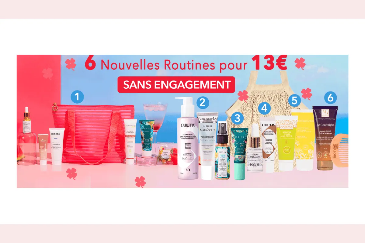 Biotyfull Box 6 Nouvelles Routines pour 13 euros sans engagement 17 produits valeur 353 euros mega sac estival BAÏJA Garancia Cultiv KOS Paris