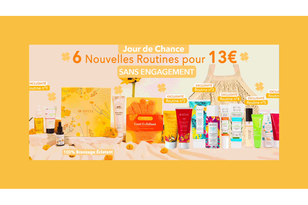 Biotyfull Box 6 nouvelles routines estivales Jour de Chance 16 produits valeur 246 euros pour 13 euros sans engagement juin 2026
