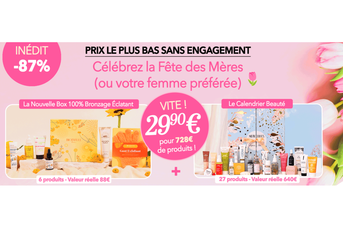 Biotyfull Box Fête des Mères 100% Bronzage Éclatant + Calendrier Beauté Merveilles 33 produits valeur 728€ pour 29,90€ sans engagement