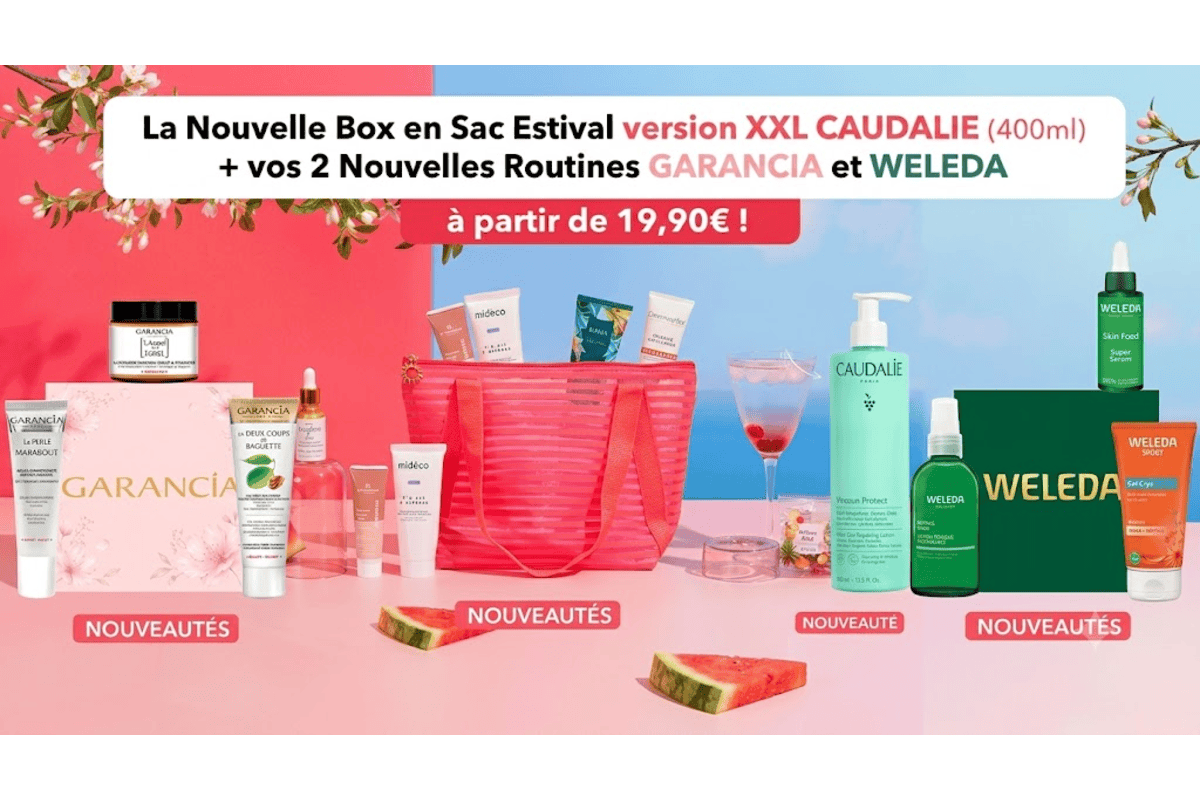 Biotyfull Box juillet 2026 Maxi Nouveautés Méga Sac Estival XXL Caudalie 400 ml Routine Garancia et Routine Weleda 14 produits valeur 240 euros a partir de 19,90 euros