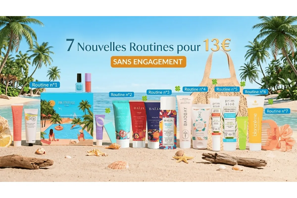 Biotyfull Box Jour de Chance avec les 18 produits des 7 routines estivales (Baïja, Exaalta, Thank You Lab, Til, Prim Aloé, Baiobay, 23Beauty Paris) disposés sur une plage paradisiaque avec palmiers