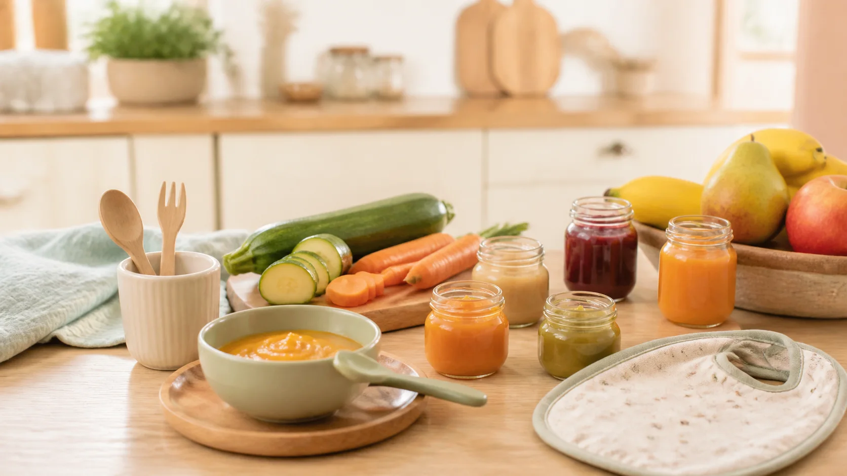 Petits pots, bol pour bébé, fruits et légumes dans une cuisine
