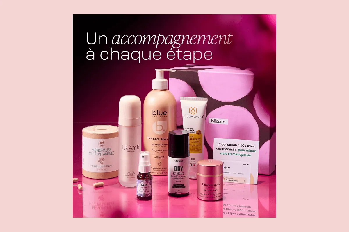Blissim édition limitée Ménopause et Éclat coffret 9 produits Elizabeth Arden Rétinol HPR Ceramide contour yeux IRÄYE The Cream Lymphactive Ginama gel intime Cicamanuka masque miel Manuka Unae complément multivitamines Deva Laboratoire spray confort féminin Blue Skin Care lait corps 45 euros valeur 387,25 euros