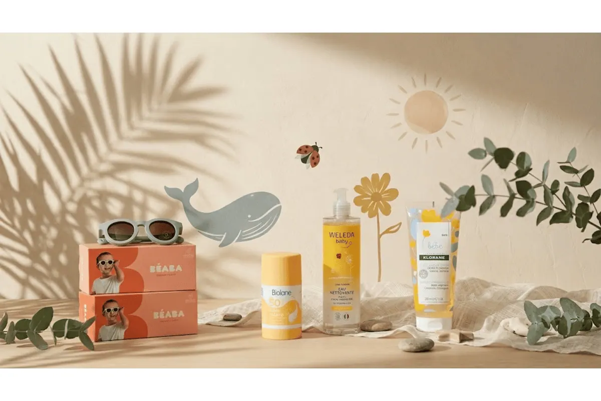 Routine soleil bébé Blissim Moms Gang : lunettes Béaba, Biolane SPF50, Weleda eau nettoyante, Klorane gel lavant