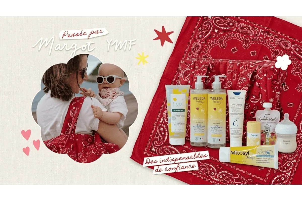 Coffret Blissim Moms Gang x Margot YMF : sac à langer bandana rouge avec produits bébé Klorane, Weleda, Embryolisse, Biolane, Mytosil, Philips Avent