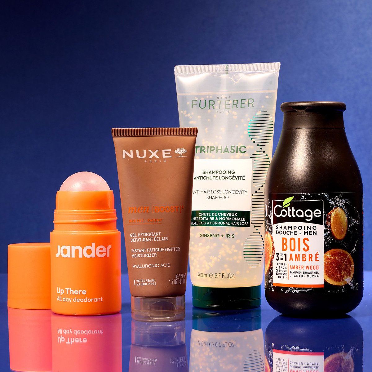 Déodorant Jander, gel Nuxe, shampooing René Furterer et shampoing-douche Cottage