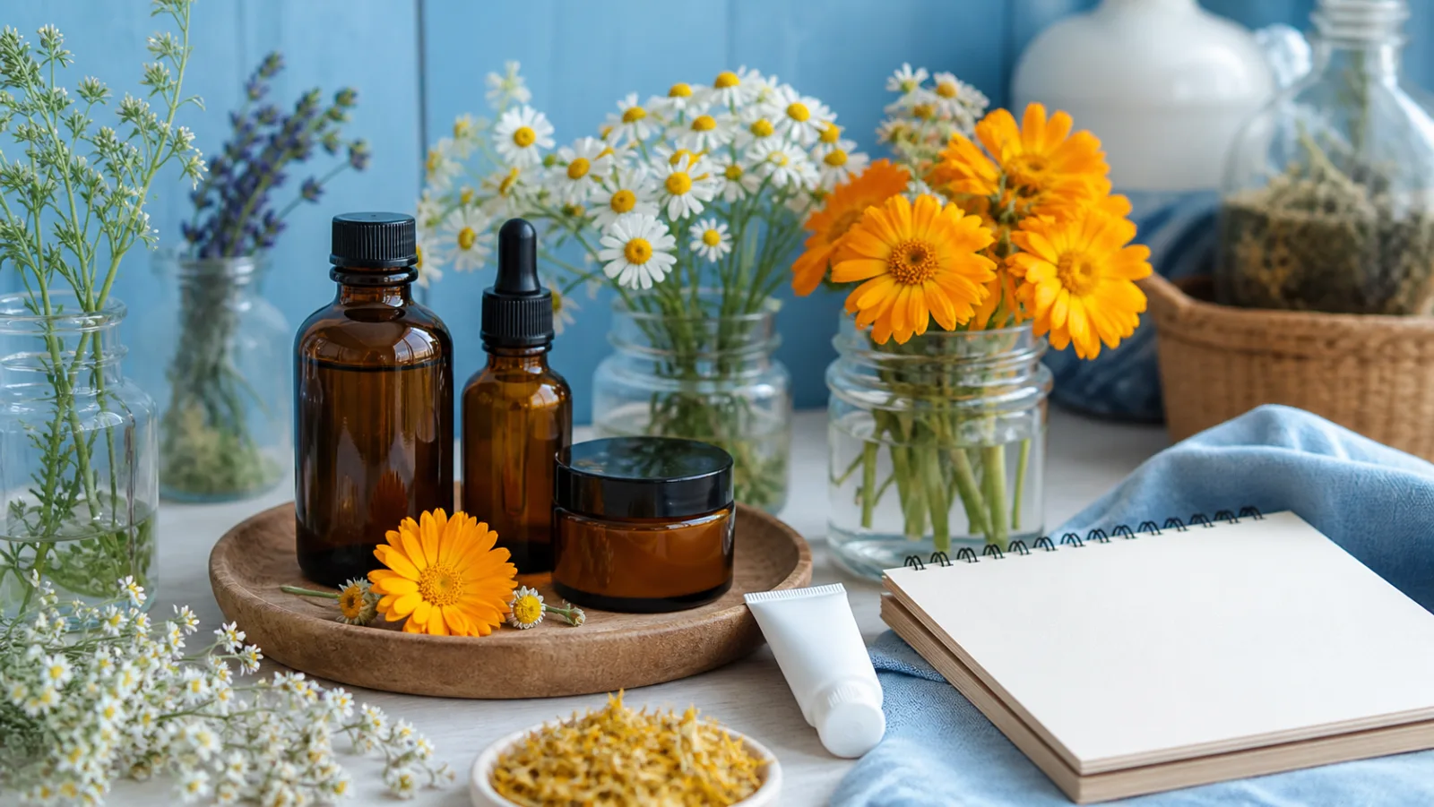 Produits de soin sans marque entourés d’arnica, calendula et camomille