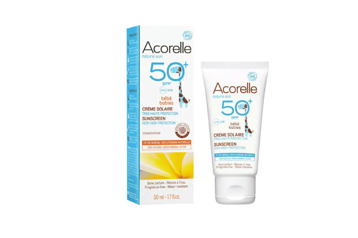 Bon plan Acorelle Crème Solaire Bébé SPF50+ bio 50ml Cosmébio sans filtre chimique 99% origine naturelle sans parfum résiste eau sans effet blanc fabriquée France 14,43€ au lieu de 16,98€ mai 2026