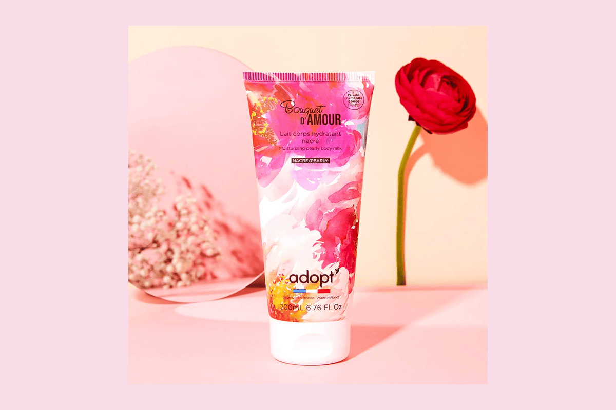 Adopt Bouquet d'Amour lait corps nacré 200 ml crémeux hydratant fruit de la passion jasmin bois de cachemire huile de tournesol amande douce vegan 3,97 euros -50 %