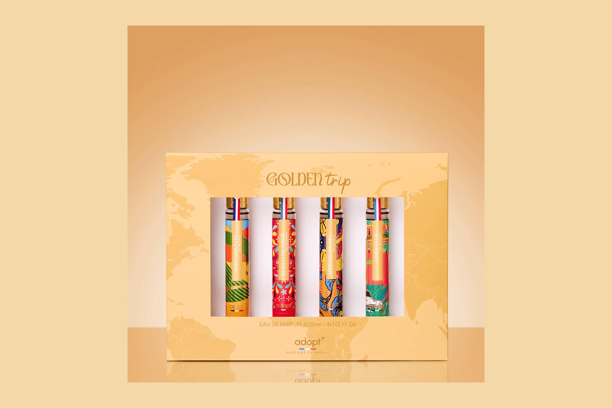 Coffret Adopt Golden Trip 4 x eaux de parfum 30 ml Toscana Vita Mexico Mi Amor African Colors Cuba Club voyage olfactif vegan 23,90 euros -50 %