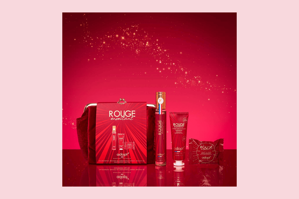 Trousse Adopt Rouge Envoûtant Eau de parfum 30 ml Crème main 30 ml Galet de bain 32 g fraise jasmin sambac rose magnolia vegan made in France 13,26 euros