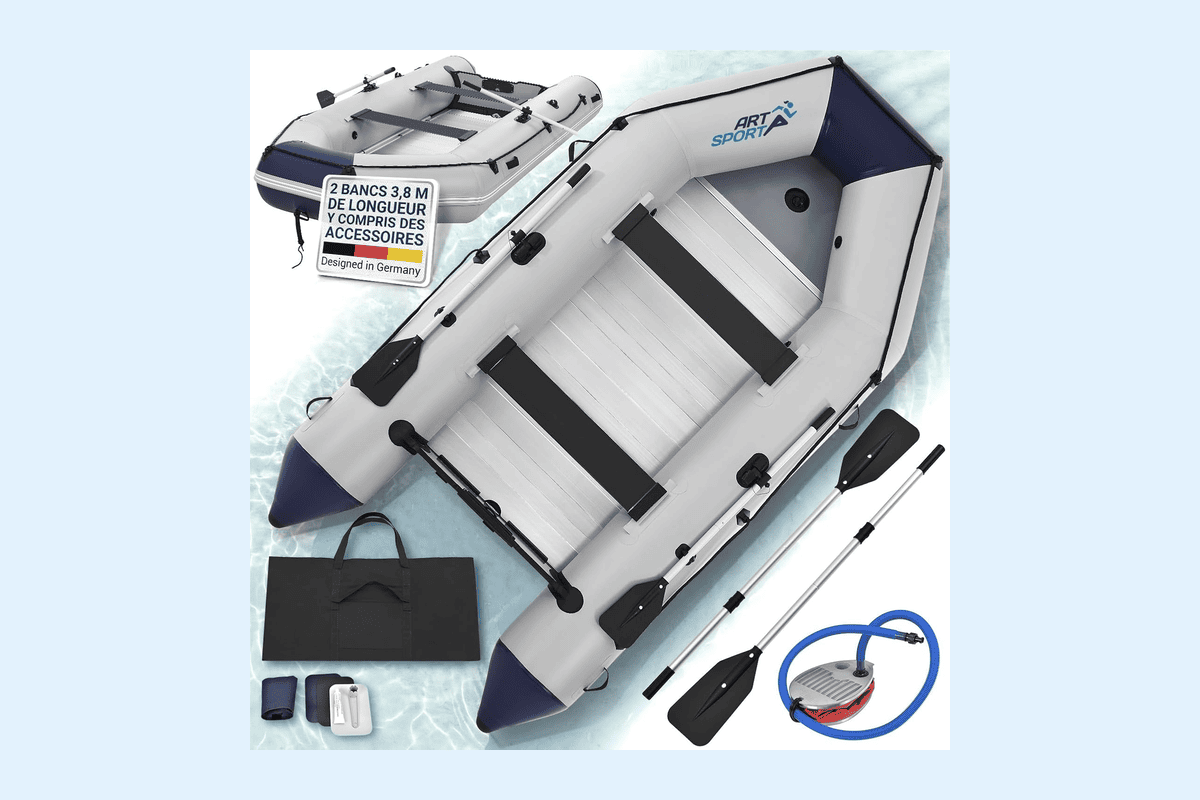 ArtSport bateau pneumatique Paddel Boot 3,80 m sol aluminium gris kayak pêche 4-5 personnes 699,99 euros Amazon