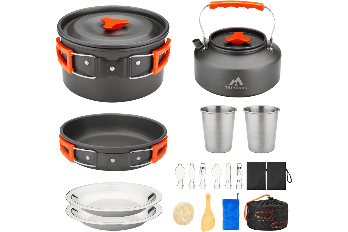 Ensemble de batterie de cuisine camping 17 pièces avec casseroles, bouilloire et couverts en aluminium