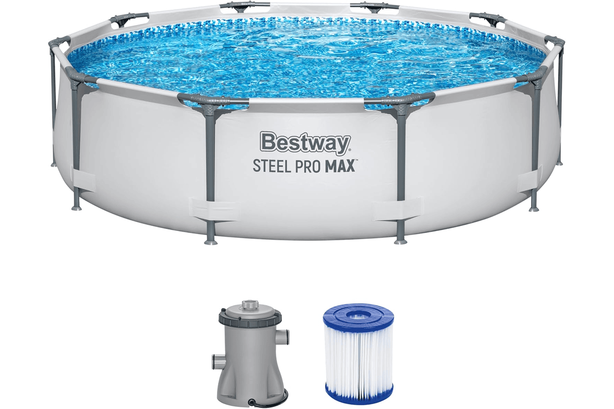 Bestway Steel Pro Max Frame kit piscine ronde Ø 305 x 76 cm gris clair avec pompe à filtre structure acier renforcée famille jardin bon plan Amazon