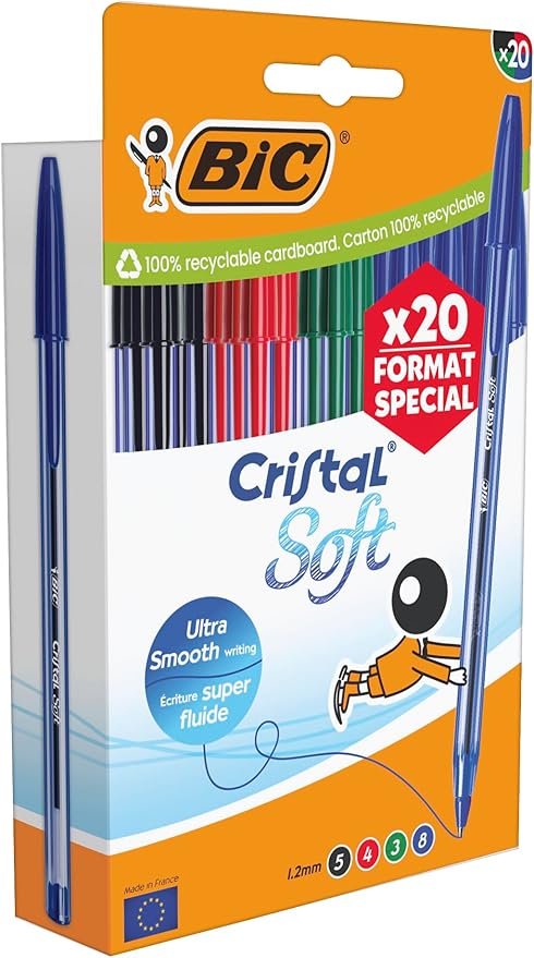 Pack de 20 stylos BIC Cristal Soft aux couleurs assorties