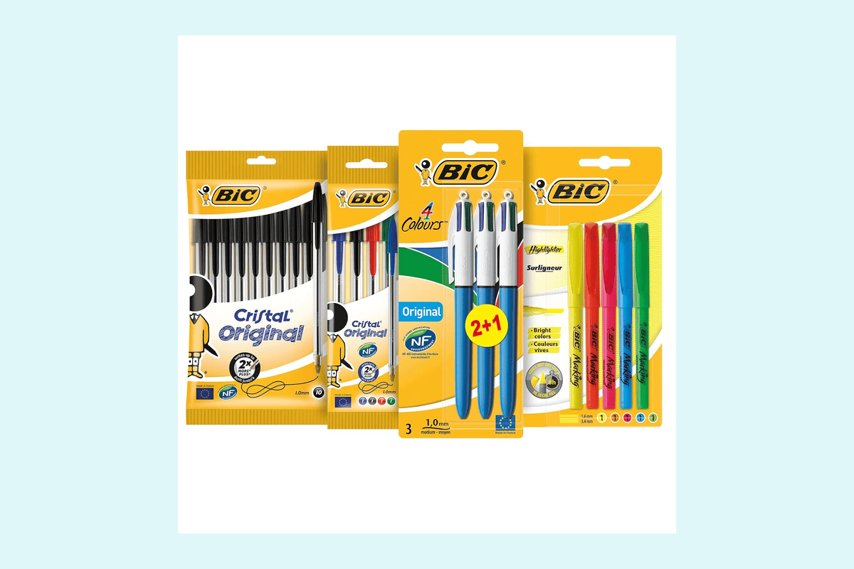 BIC Kit Les Essentiels 22 produits 3 stylos 4 couleurs 5 surligneurs highlighter 14 stylos-bille Cristal Original rentrée scolaire 12,39 euros Amazon
