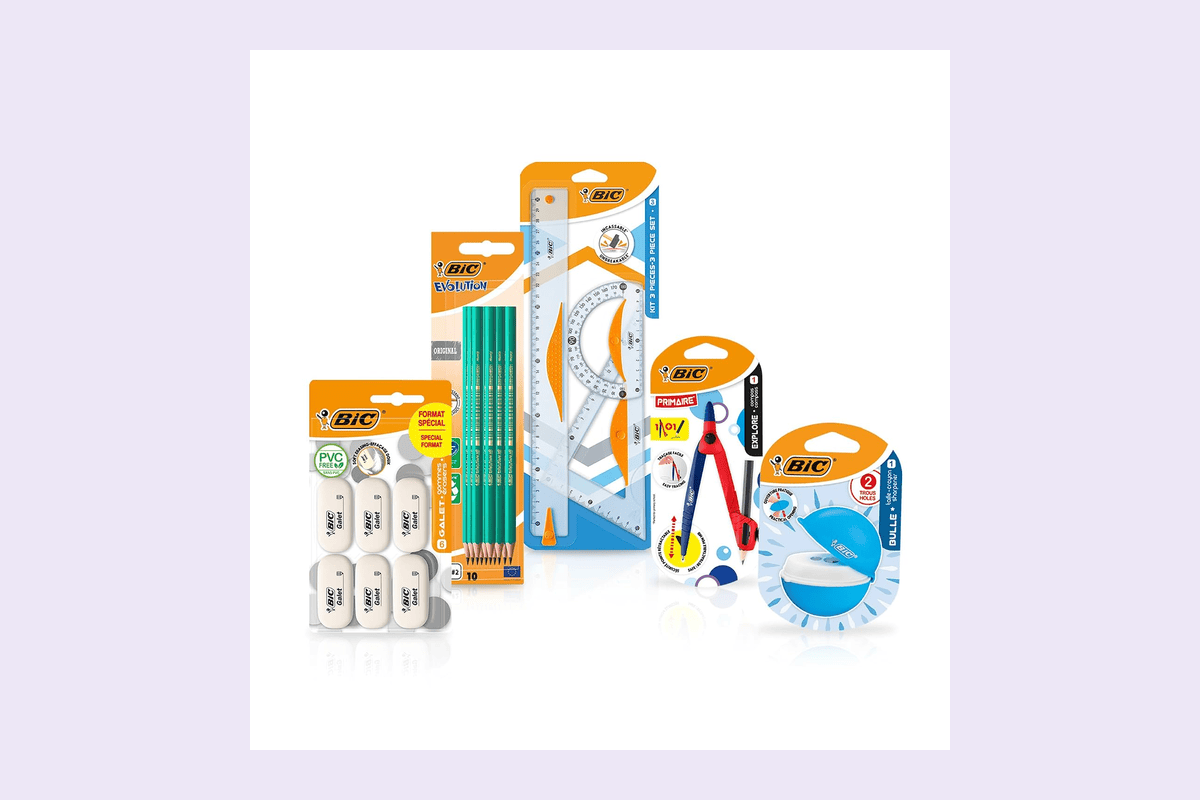 BIC kit de fournitures scolaires 21 pièces enfant compas apprentissage instruments géométrie crayons graphite taille-crayon gommes 14,39 euros Amazon