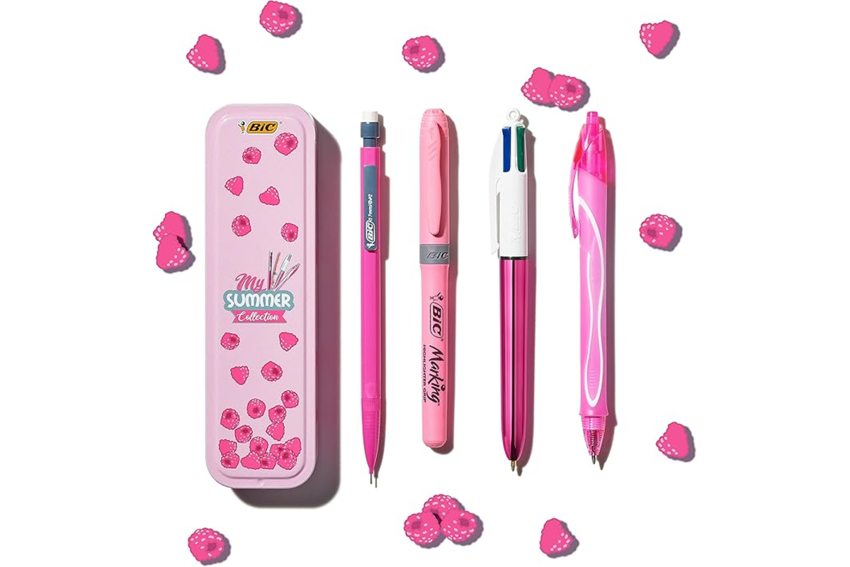 Coffret métallique rose BIC Summer Pink Box avec quatre fournitures