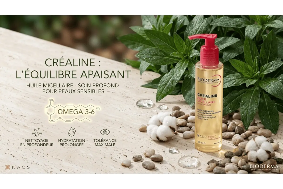 Bioderma Créaline Huile Micellaire 150 ml, flacon pompe sur galets naturels avec plantes vertes et fleurs de coton